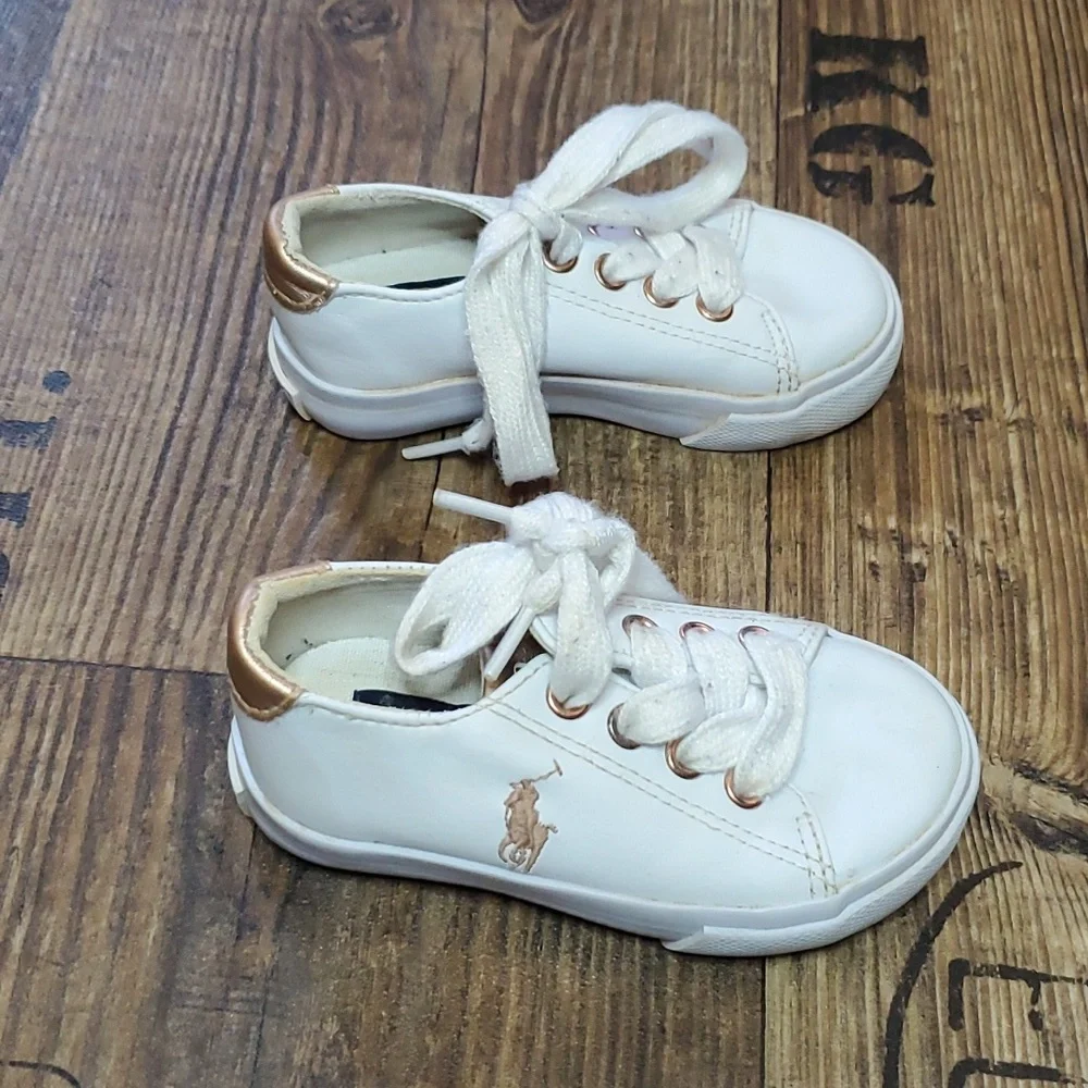 Polo by Ralph Lauren White Kids Sneakers with Rose Gold Accents